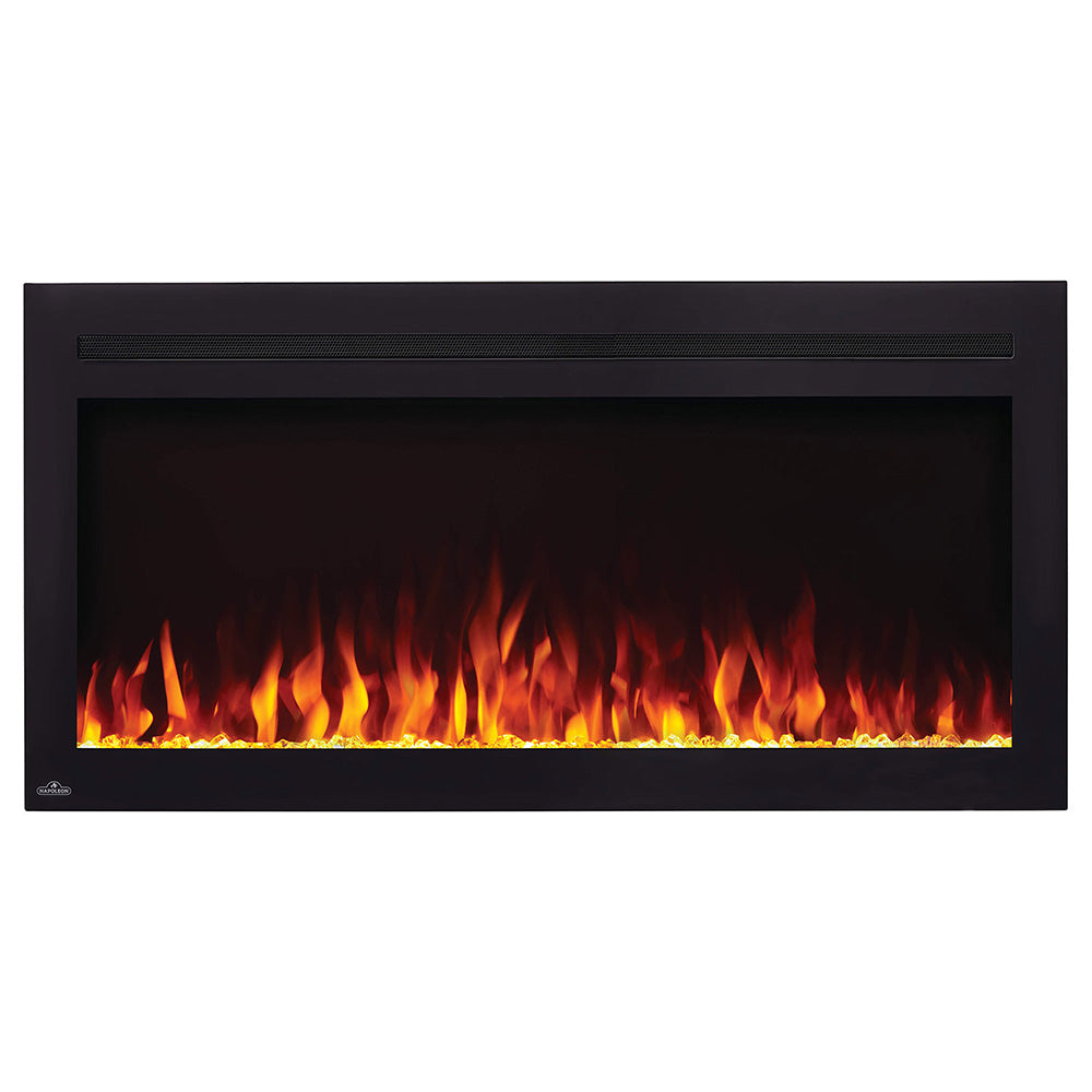 Wall mount electric fireplace with black frame and glowing orange flame display