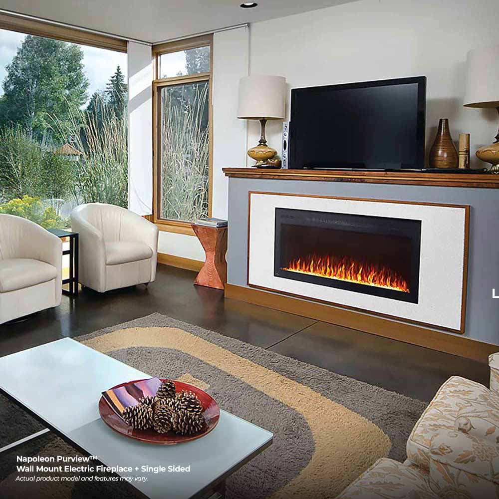 Wall mount electric fireplace with glass front, black trim, and orange flame inside