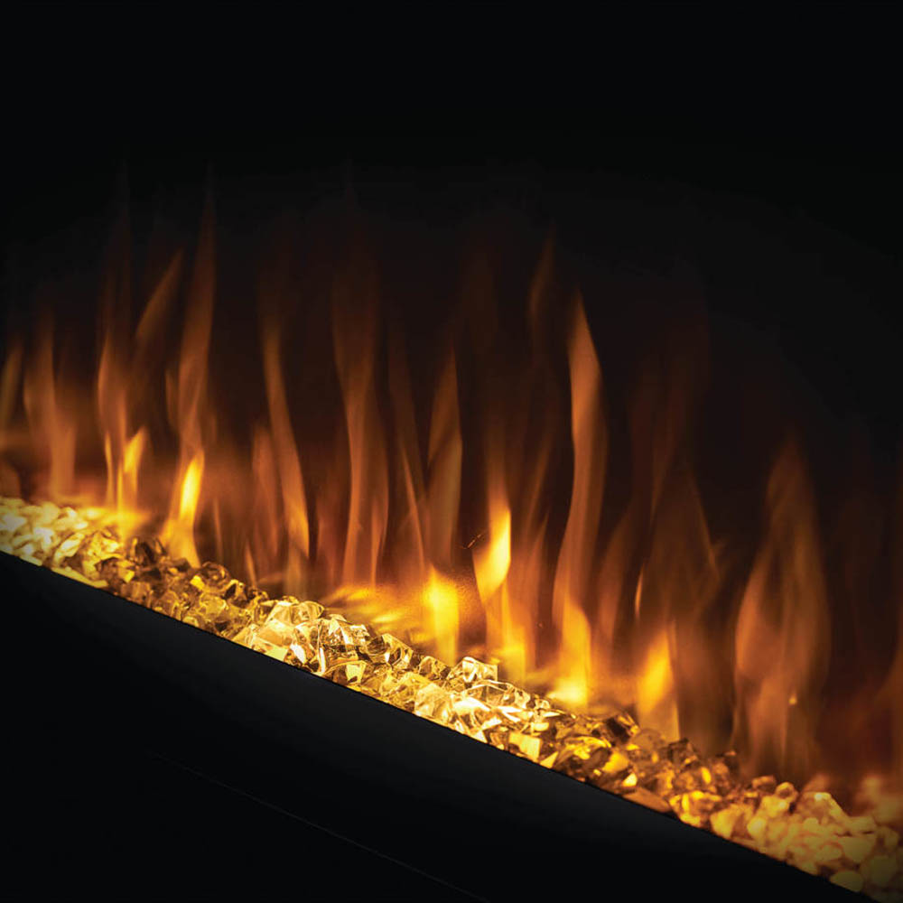 Close-up of electric fireplace flames with orange and yellow highlights