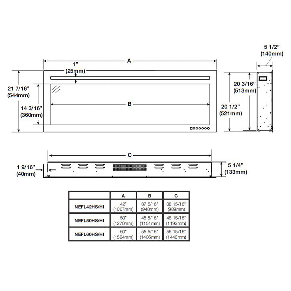 Linear electric fireplace dimension diagram with width, height, and depth measurements