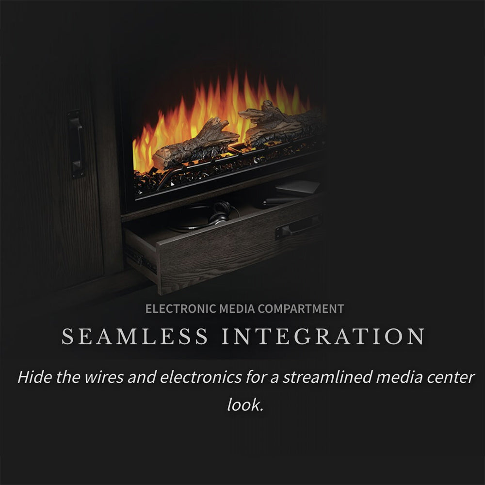 Electric fireplace media compartment with glowing flames and built-in shelf