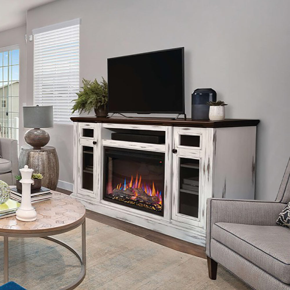 Electric fireplace TV stand in distressed white finish with open shelves and flame display