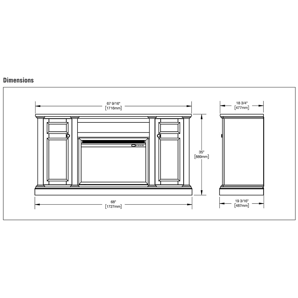 Line drawing of electric fireplace TV stand dimensions, front view and side cut