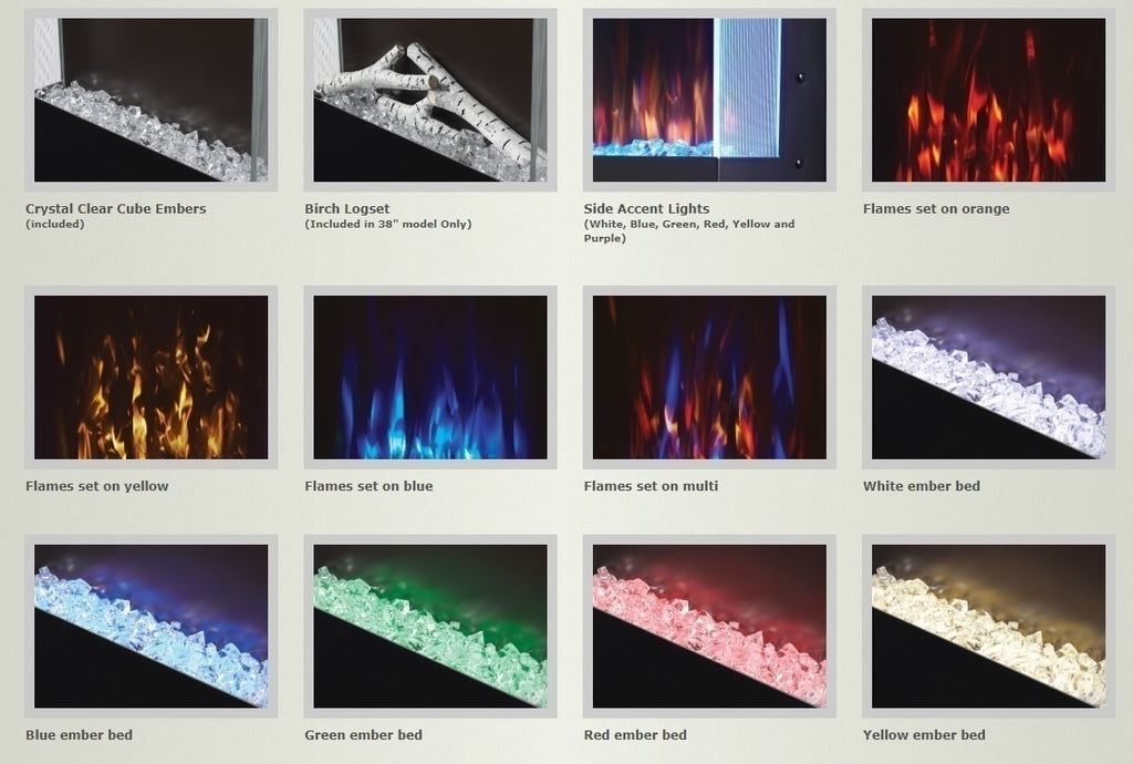 Electric fireplace flame bed color options chart with blue, green, red, and white tones