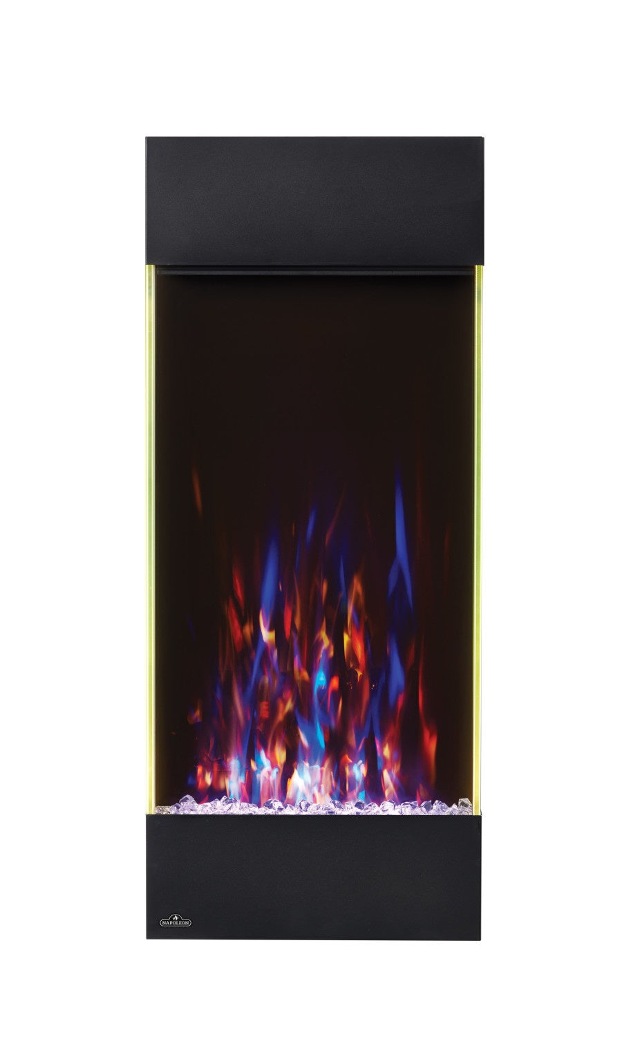 Vertical electric fireplace with glowing multicolor flame and ember bed behind glass
