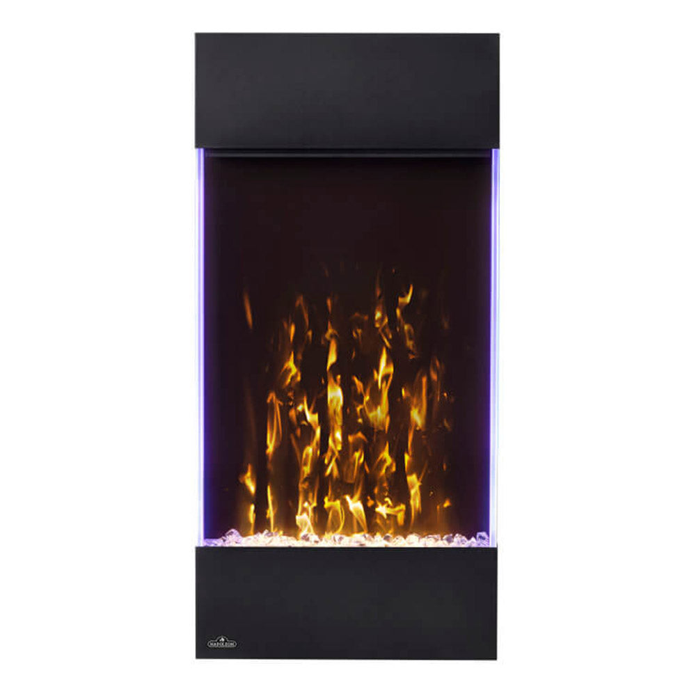 Black vertical electric fireplace with amber flame display and glass ember bed