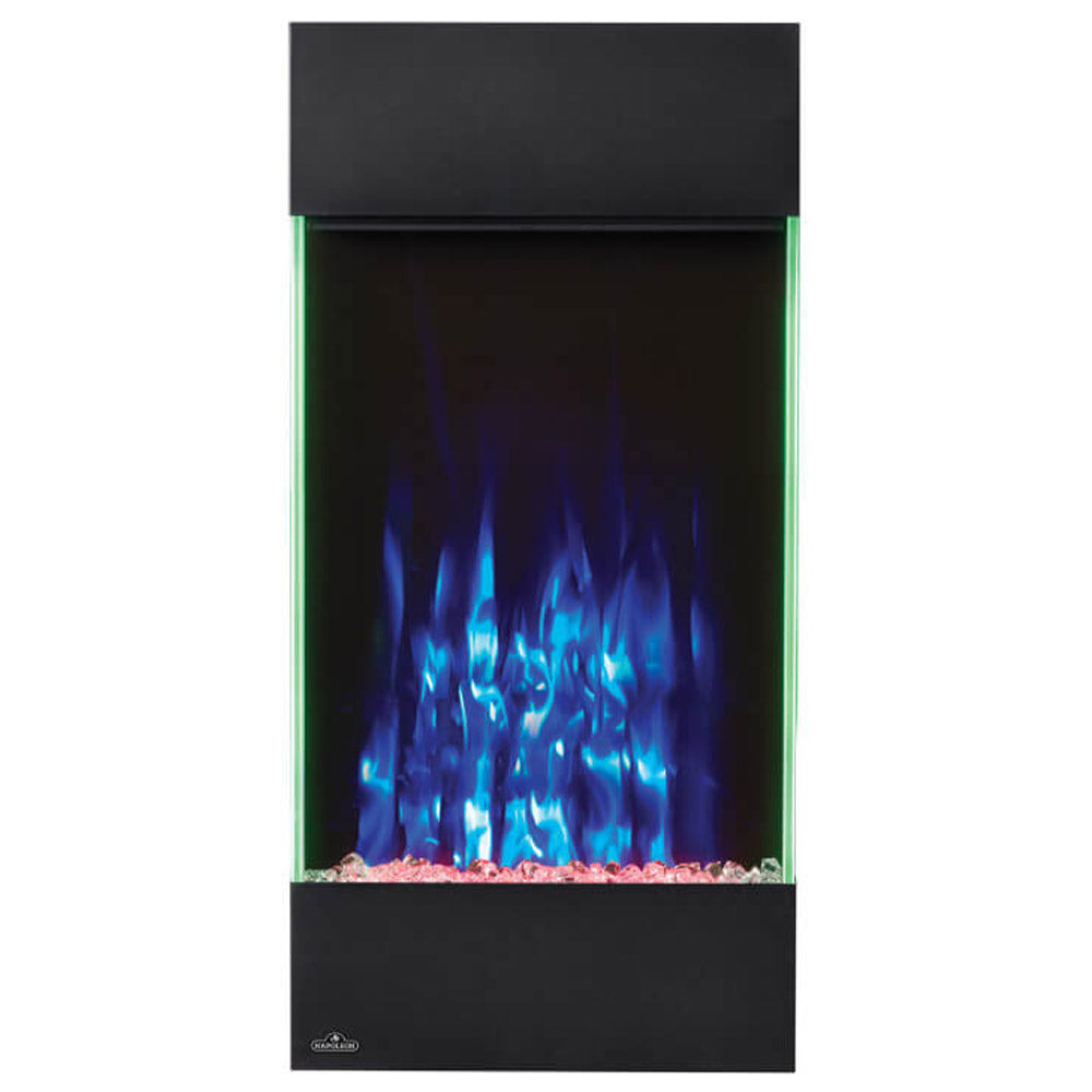 Black vertical electric fireplace with blue flame display, green LED side lighting