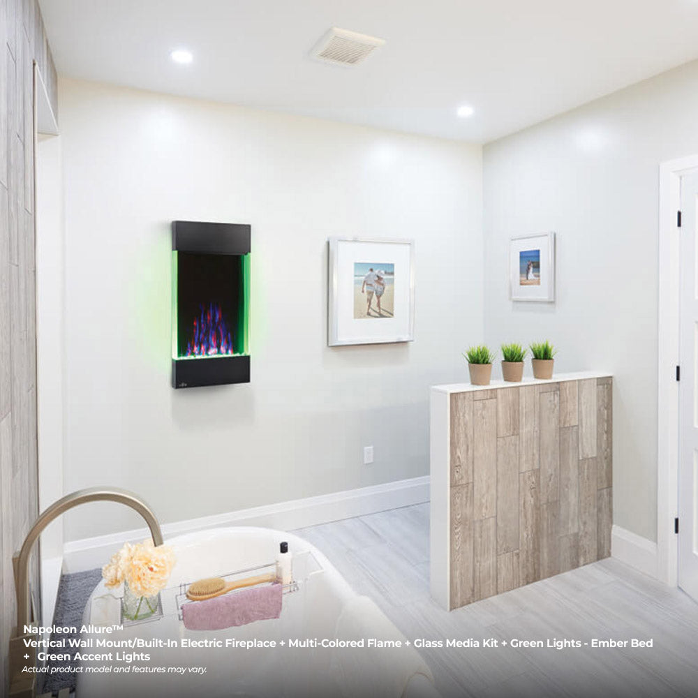Black vertical electric fireplace with multi-colored flame display and ember bed