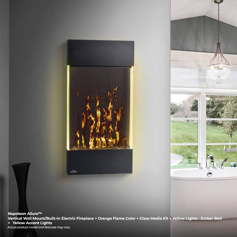 Black vertical electric fireplace with orange flames, yellow LED side lighting
