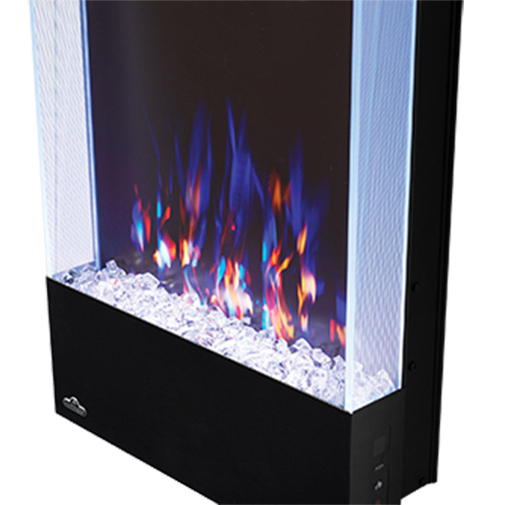 Vertical electric fireplace firebox view with blue flames and white glass embers