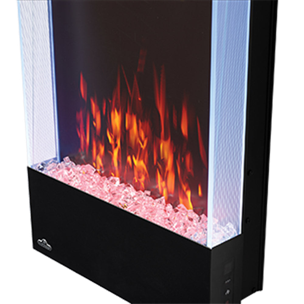 Vertical electric fireplace firebox view with red-orange flames and pink glass embers