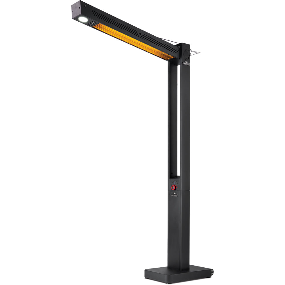 Freestanding outdoor electric infrared heater with glowing heating bar on top