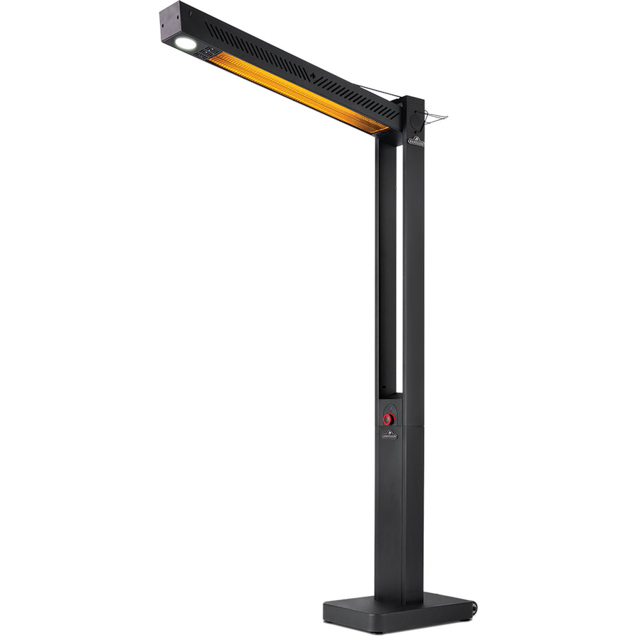 Freestanding outdoor electric infrared heater with glowing heating bar on top