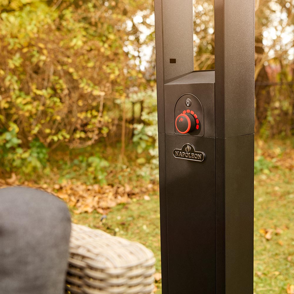 Outdoor electric infrared heater control panel with knob and Napoleon logo