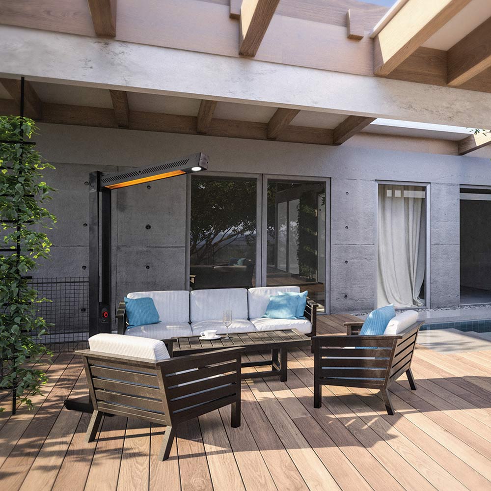 Outdoor electric infrared heater on deck beside outdoor seating