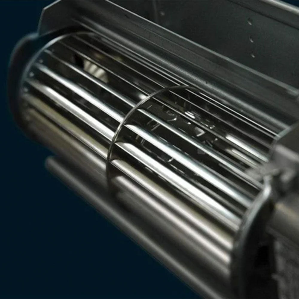 Stove blower fan housing with metal grille and fan blades