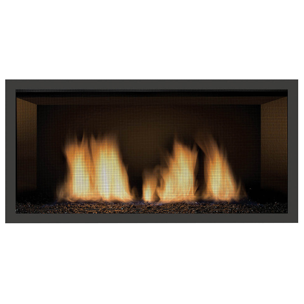 Built-in direct vent gas fireplace with glass firebox and glowing flames, front view