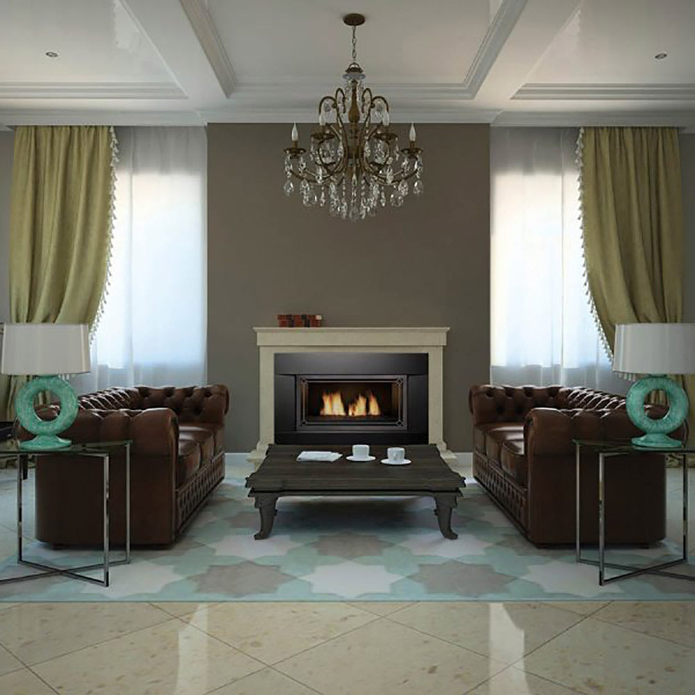 Built-in gas fireplace with burning flames and dark firebox between seating areas