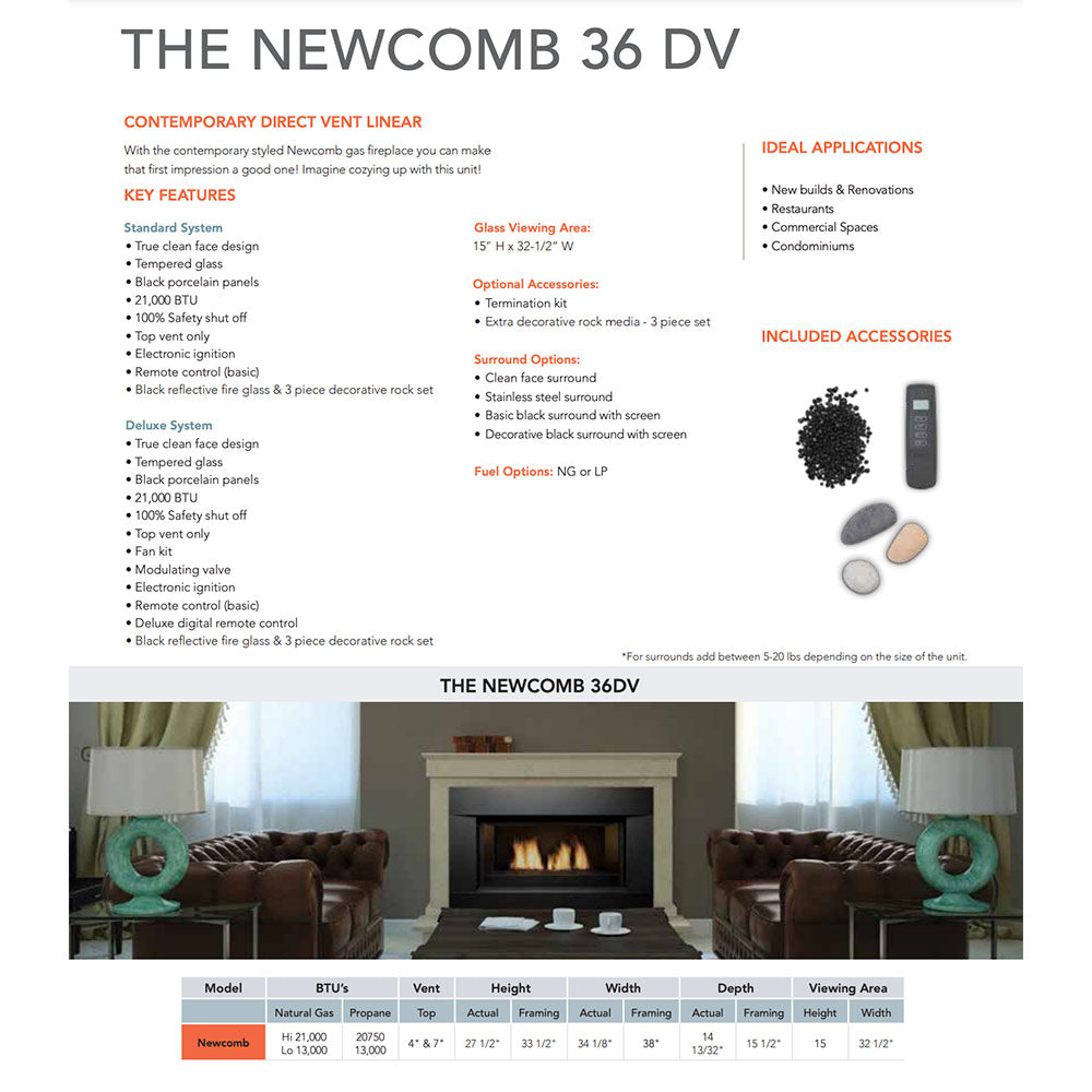 Product information page for Newcomb 36 DV direct vent linear gas fireplace