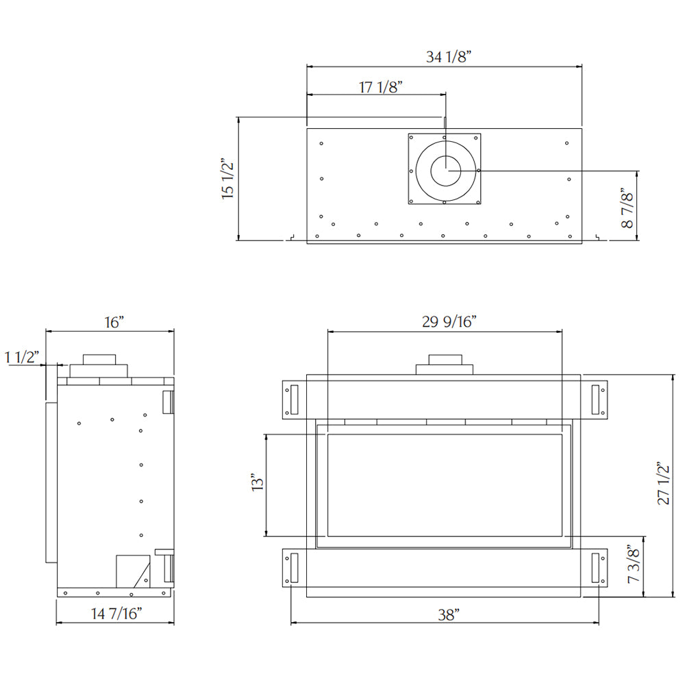 Technical dimension diagram of a built-in gas fireplace insert, top and side views