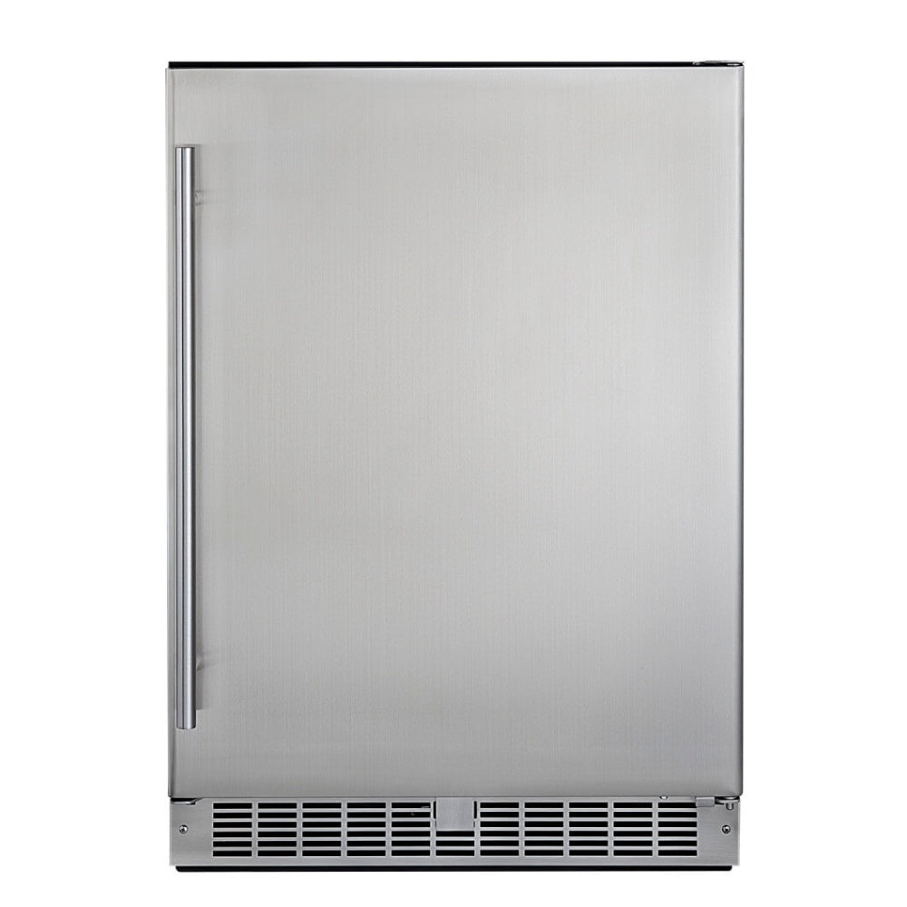 Stainless steel outdoor refrigerator with vertical handle and bottom ventilation grille