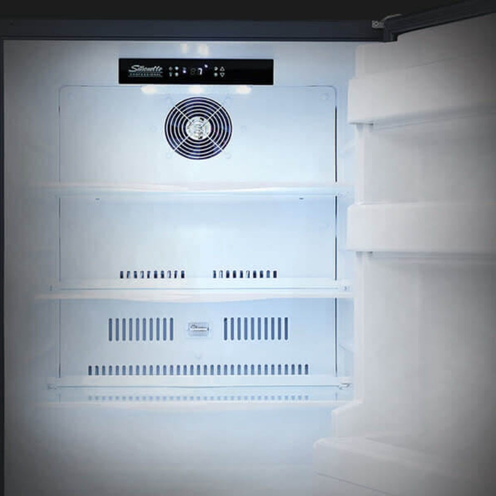 Refrigerator interior with top control display, fan grille, and vented shelves