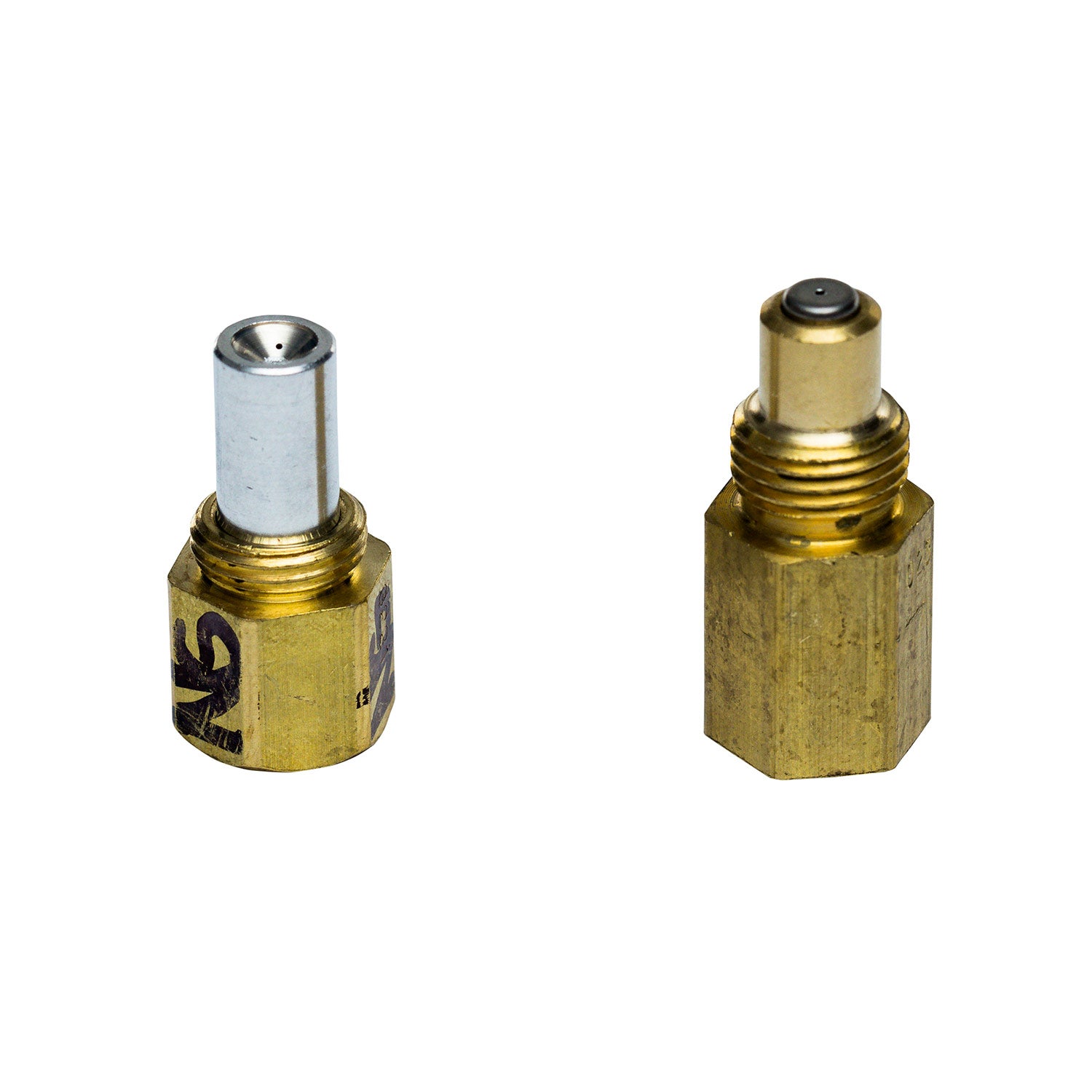 Brass propane air mixer fitting with silver hex port and threaded base