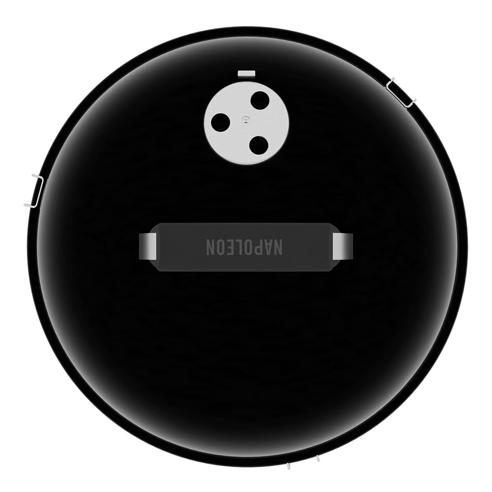 Bottom view of black charcoal kettle grill with ventilation holes and lid handle mount