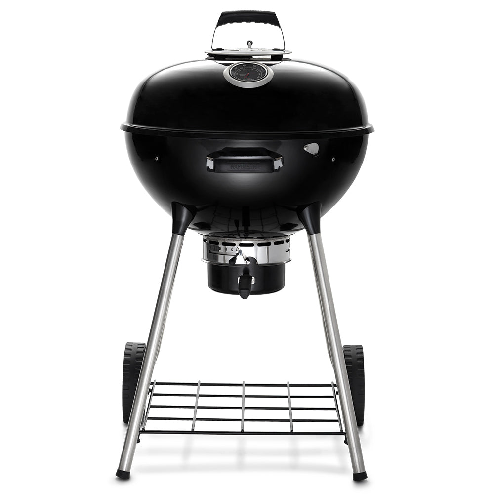 Charcoal kettle grill with domed lid and side vents, chrome cooking grate