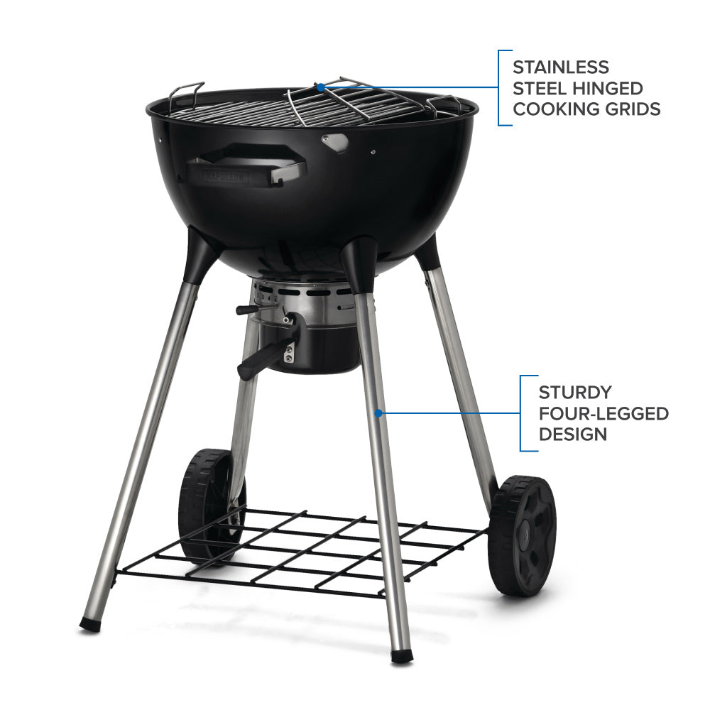 Charcoal kettle grill with stainless steel hinged cooking grids and four-legged stand