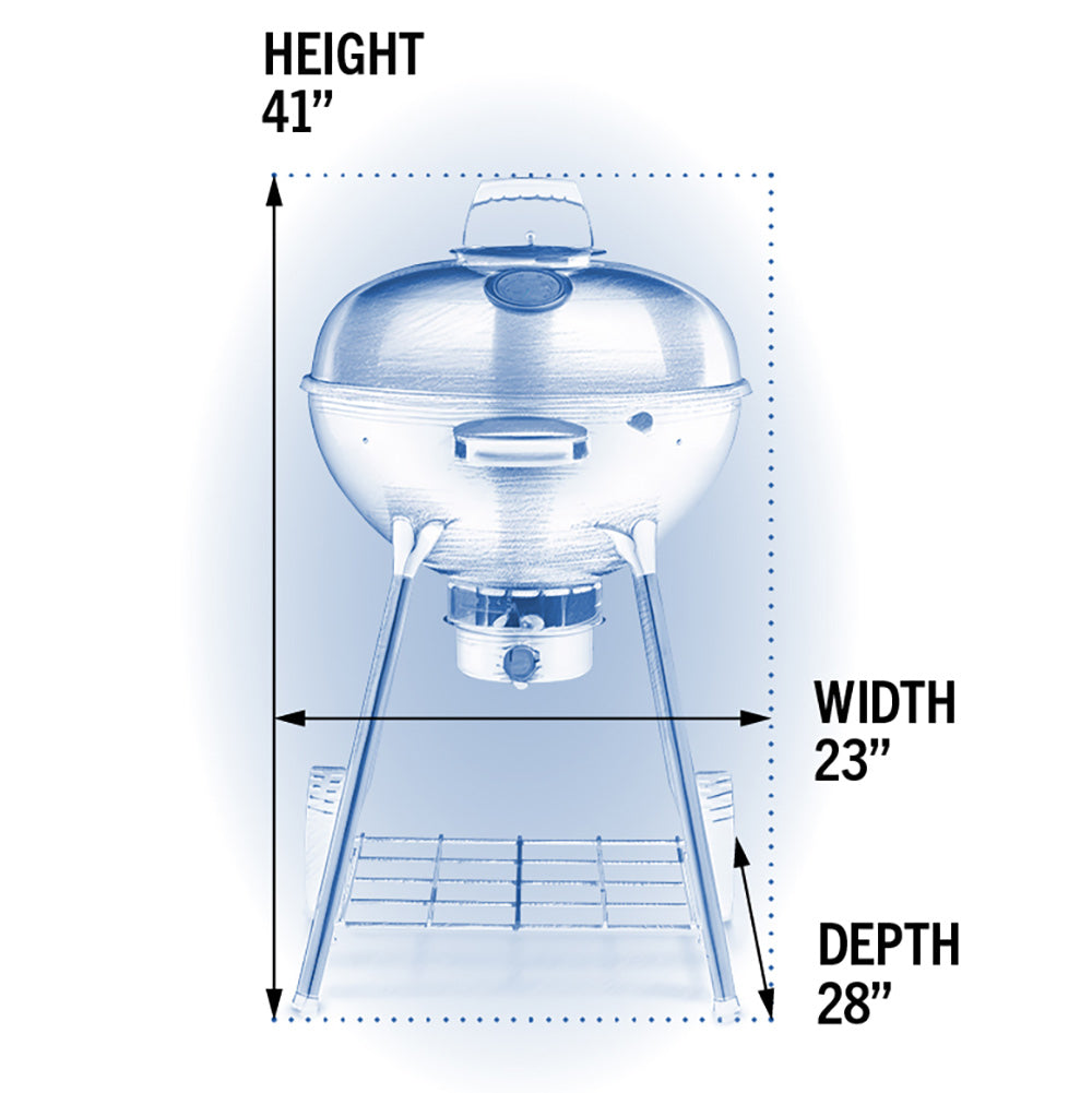 Charcoal kettle grill dimensions diagram showing height, width, and depth