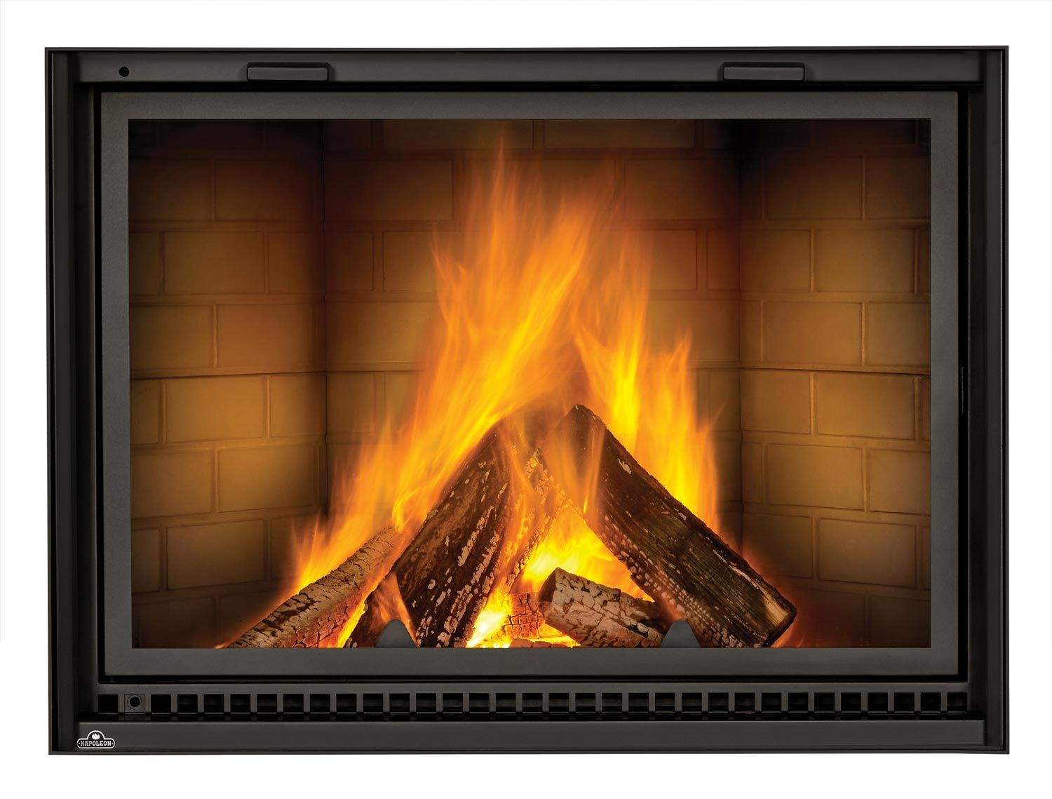 Wood fireplace with black glass front and burning logs