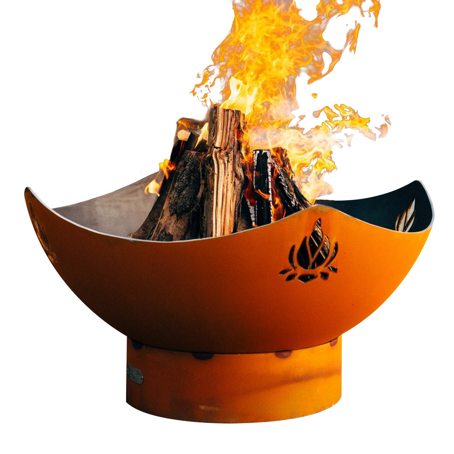 Orange steel fire pit bowl with Namaste lotus cutout, burning flames inside