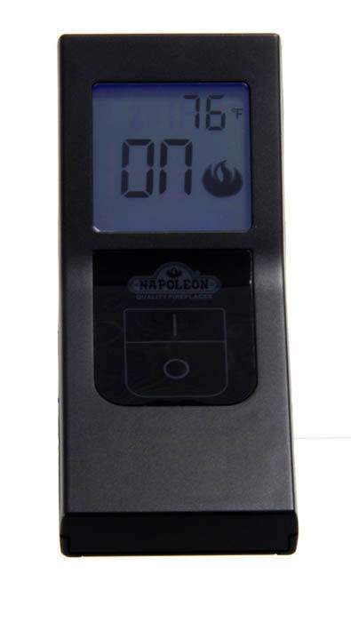 Black Napoleon on/off fireplace remote control with LCD temperature and flame icon