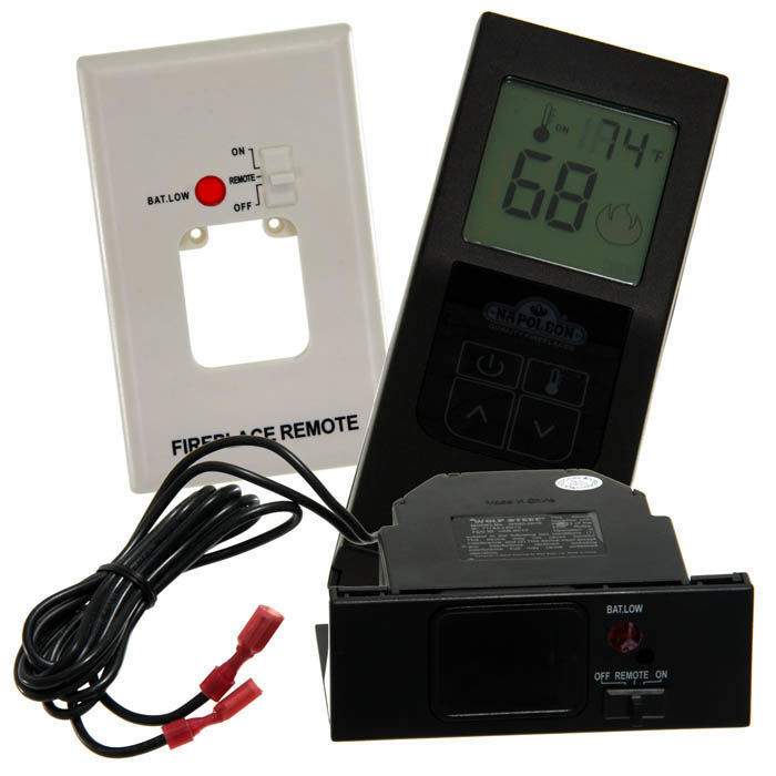 Fireplace remote control with LCD display, buttons, and battery leads, black and white