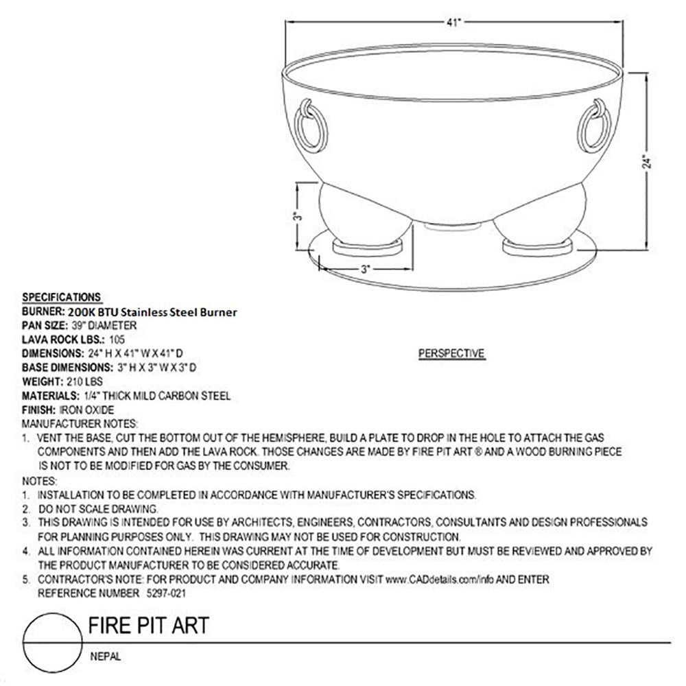 Fire Pit Art Nepal wood fire pit line drawing with dimensions and burner notes.