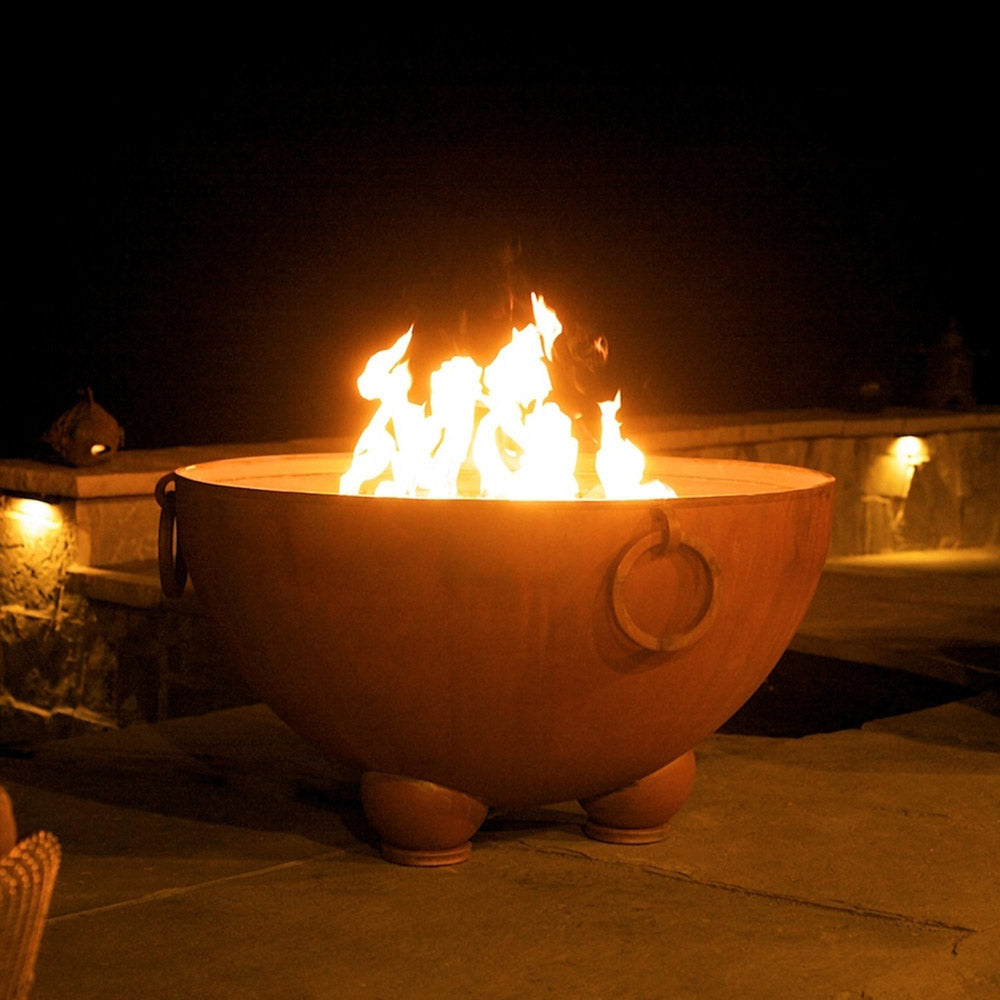Gas fire pit bowl with flames, round front air port, sturdy base legs