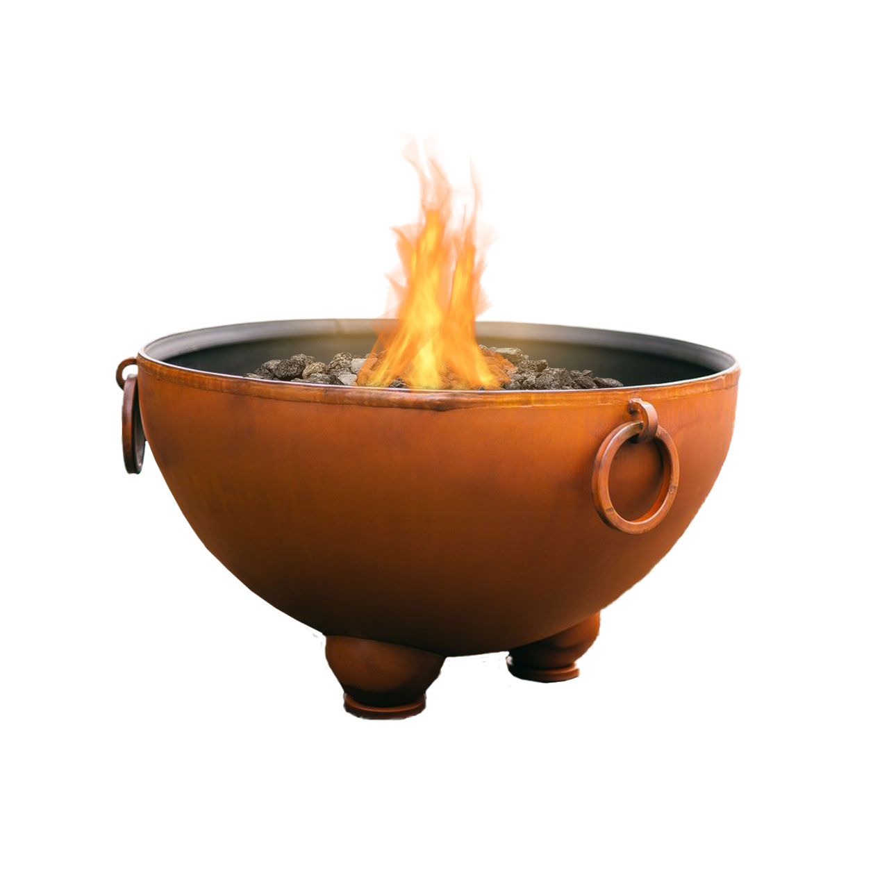 Gas fire pit bowl with flames, orange patina finish, round side air port