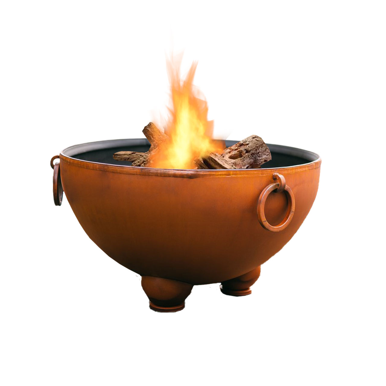 Wood fire pit bowl with handles and three short legs, copper-brown metal finish.