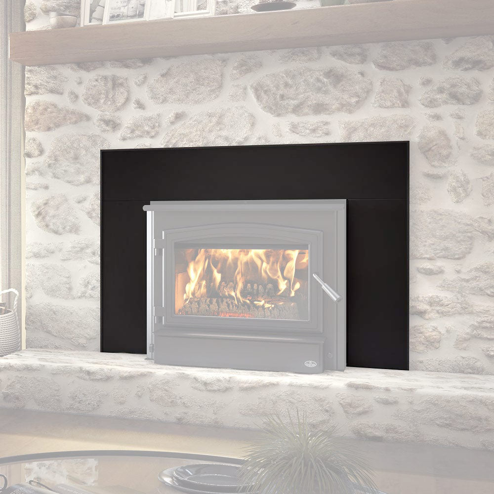 Black fireplace faceplate surrounding a wood-burning insert with glass door