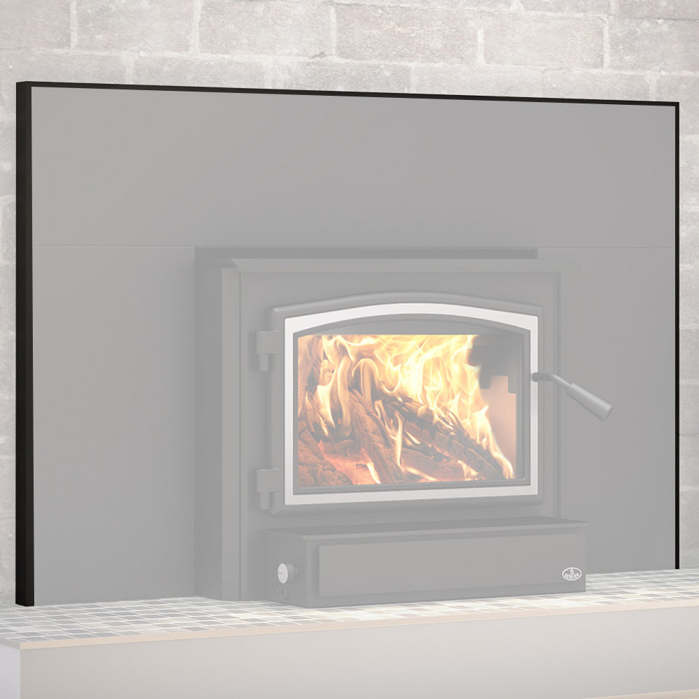 Black fireplace faceplate trim kit installed around inset firebox opening