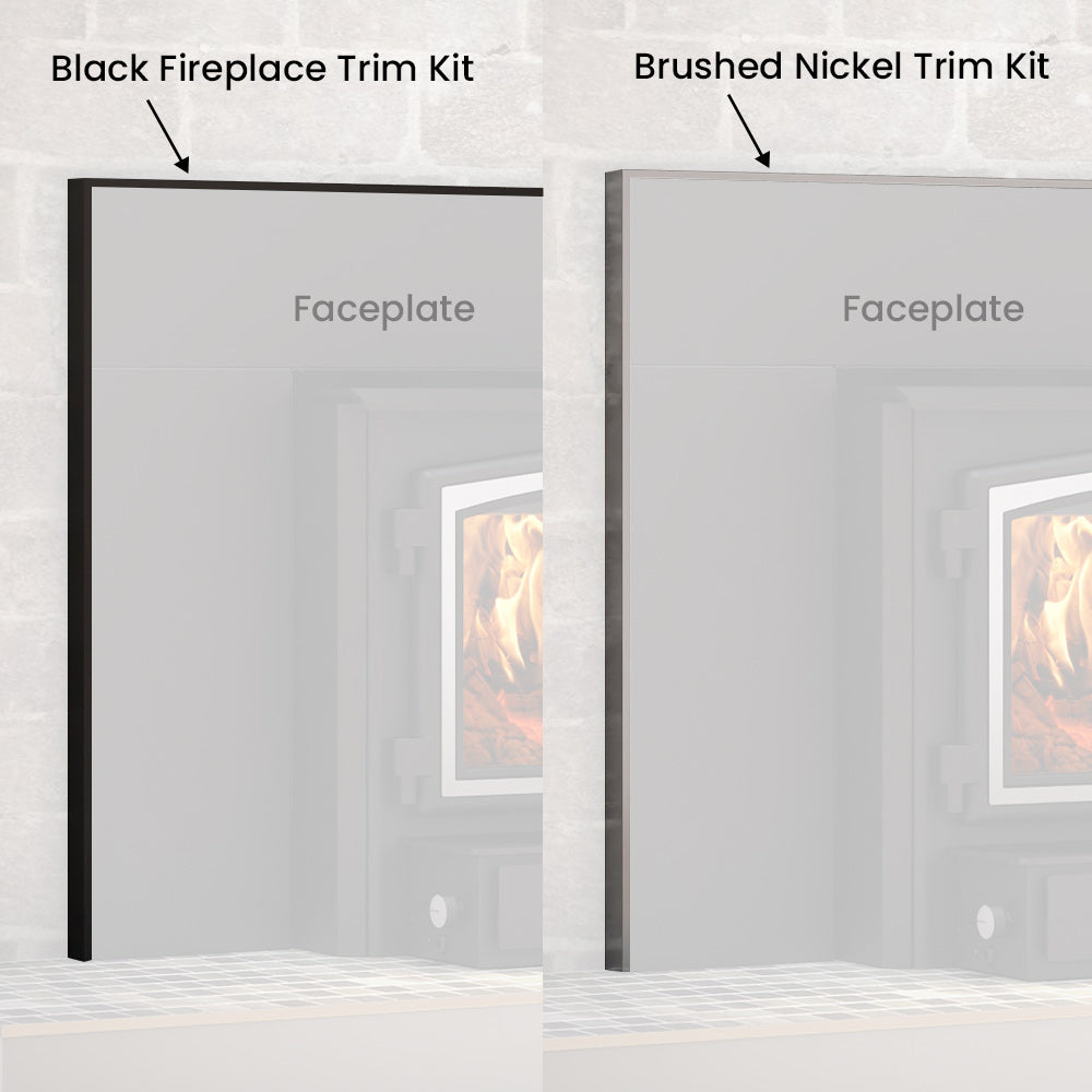 Fireplace faceplate trim kit comparison: black and brushed nickel vertical trim pieces with inner frame