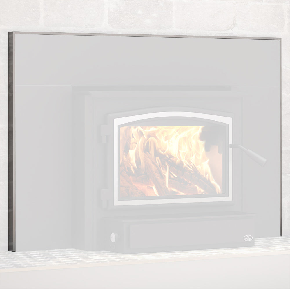 Brushed nickel fireplace faceplate trim installed around firebox opening with rectangular inner frame