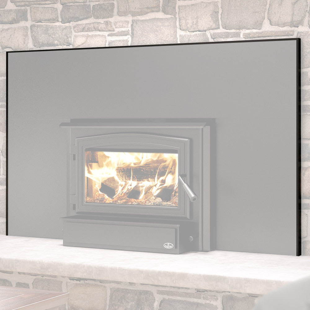 Black fireplace faceplate trim kit installed on stove with lit firebox window