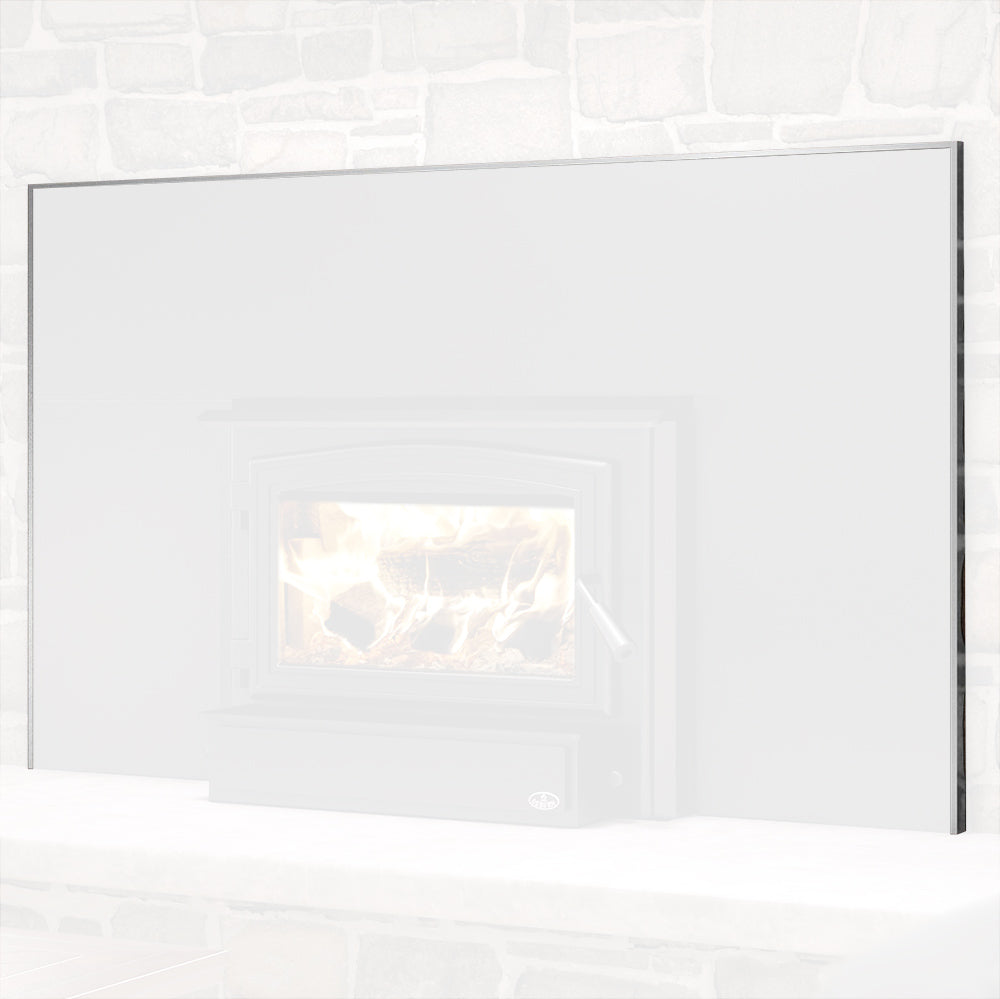 Brushed nickel fireplace faceplate trim kit for a rectangular firebox opening