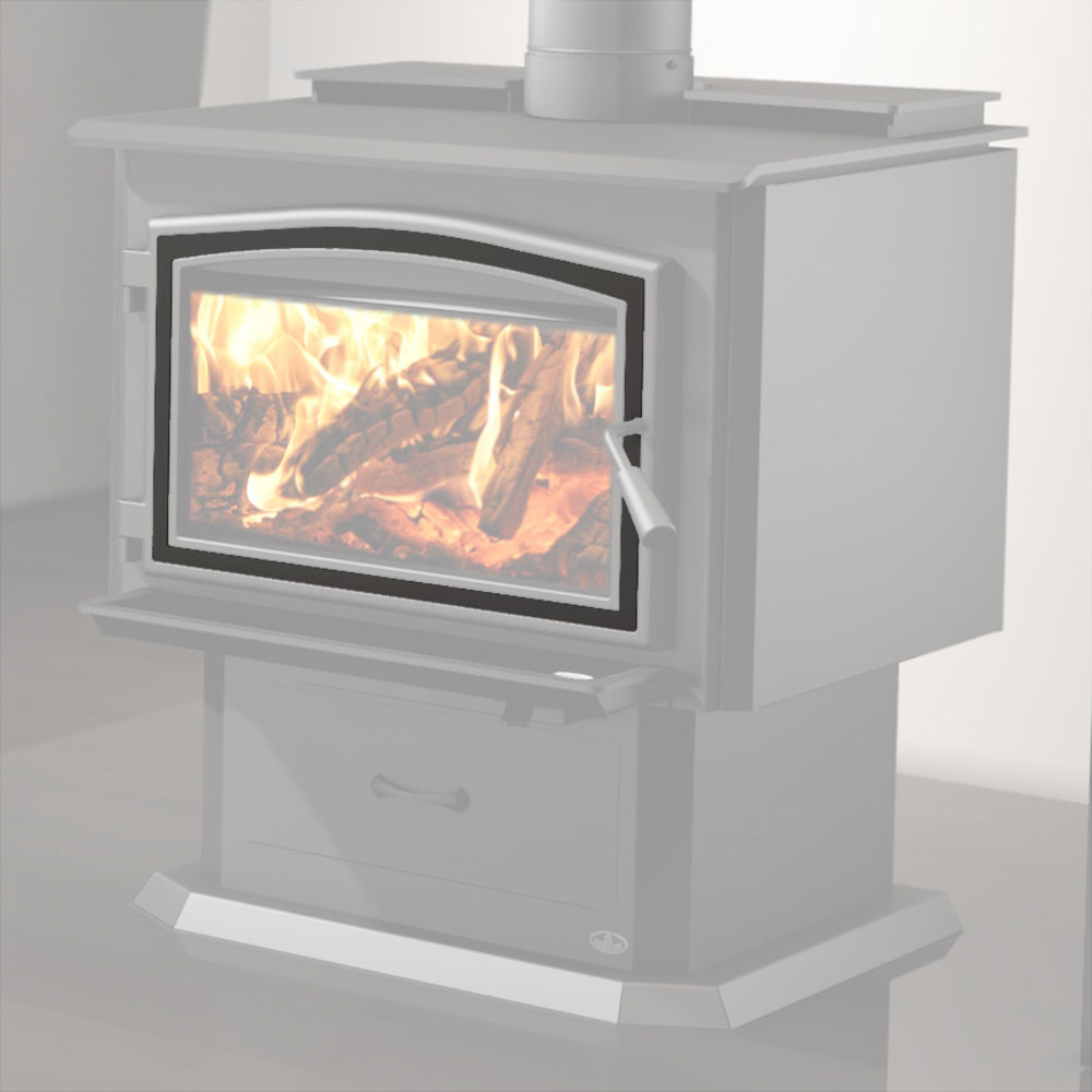 Osburn black door overlay on wood stove front with glass viewing window