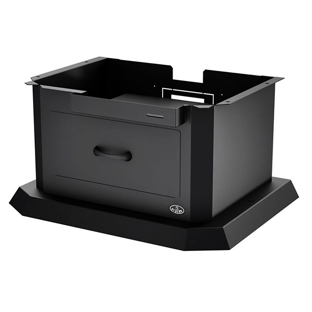 Black metal pedestal kit with ash drawer for wood stove, front handle