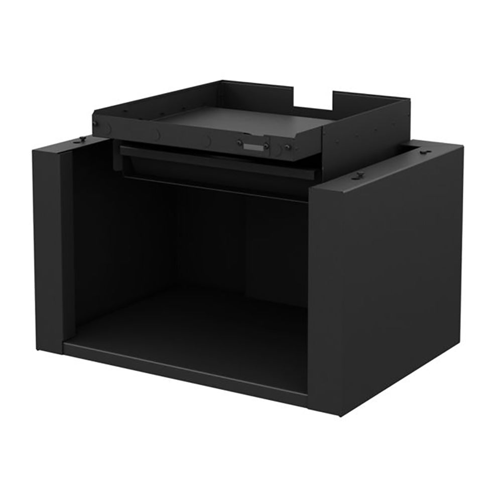 Black steel wood stove base with open log storage compartment