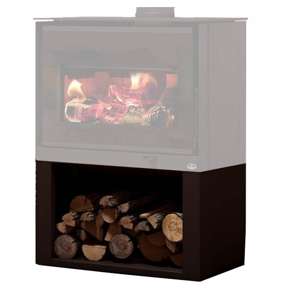 Black metal base with front log storage panel and visible stacked logs
