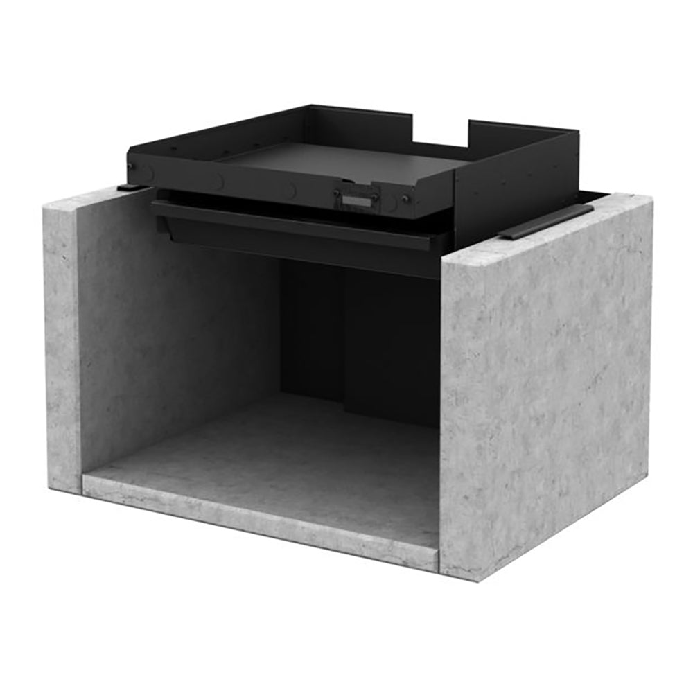 Soapstone stove base kit with log storage, black insert and light gray stone side panels